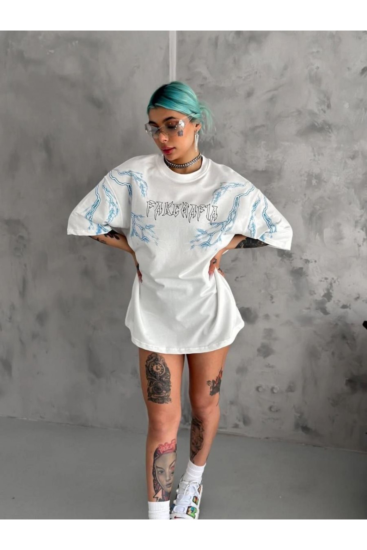 Kadın Tişort Bisiklet Yaka Yıldırım Şimşek Baskılı Kısa kol T-Shirt - Beyaz