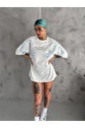 Kadın Tişort Bisiklet Yaka Yıldırım Şimşek Baskılı Kısa kol T-Shirt - Beyaz