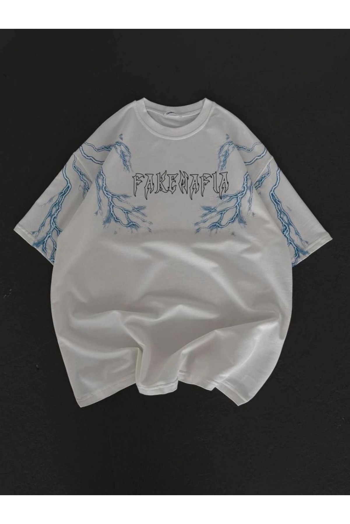Kadın Tişort Bisiklet Yaka Yıldırım Şimşek Baskılı Kısa kol T-Shirt - Beyaz