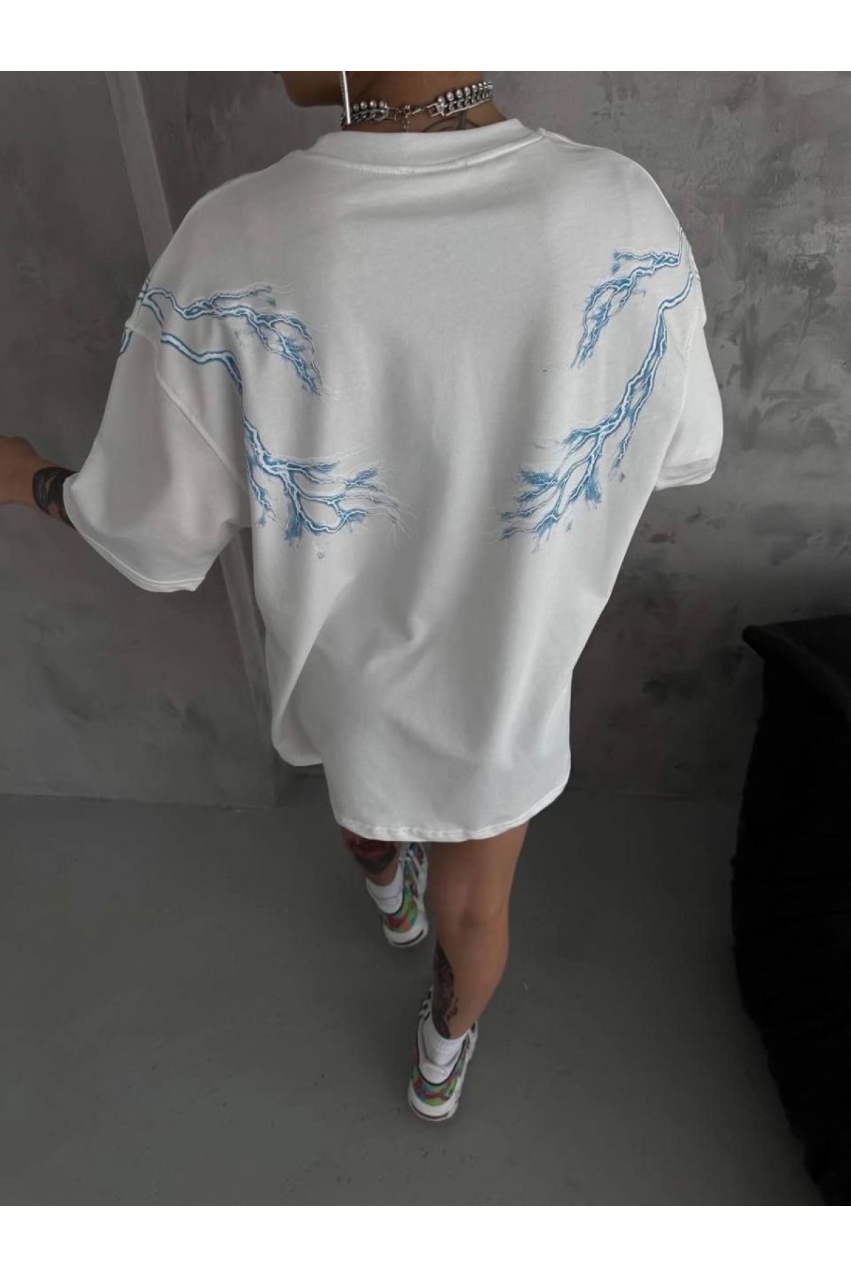 Kadın Tişort Bisiklet Yaka Yıldırım Şimşek Baskılı Kısa kol T-Shirt - Beyaz