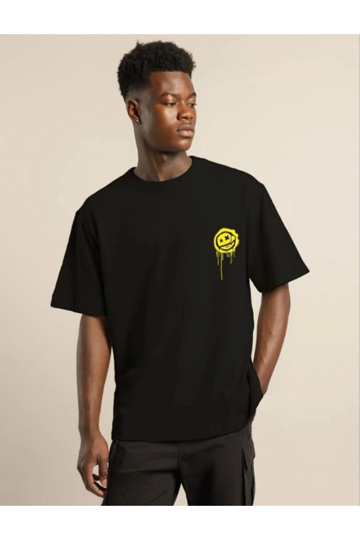 Erkek Kısa Kol Yazlık Tişört Bisiklet Yaka Baskılı Oversize T-Shirt - Siyah