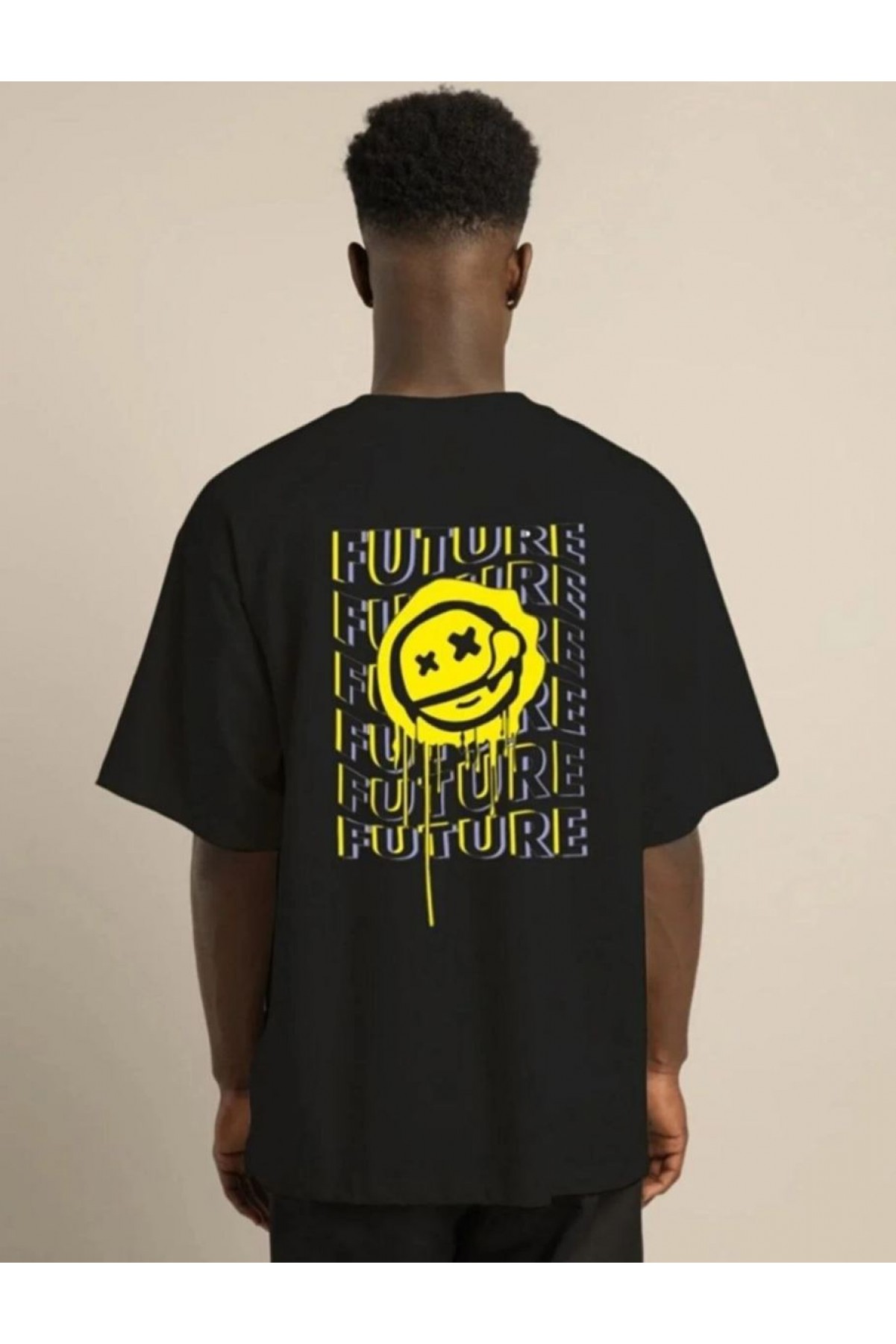 Erkek Kısa Kol Yazlık Tişört Bisiklet Yaka Baskılı Oversize T-Shirt - Siyah