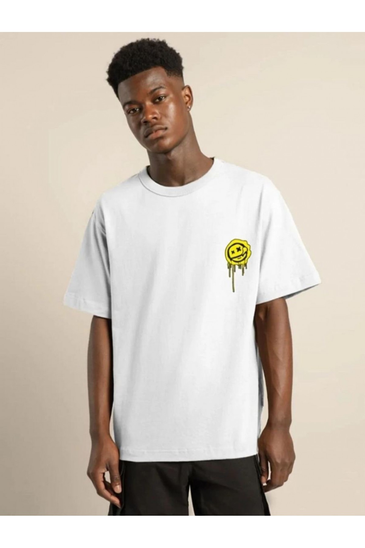 Erkek Kısa Kol Yazlık Tişört Bisiklet Yaka Baskılı Oversize T-Shirt - Beyaz