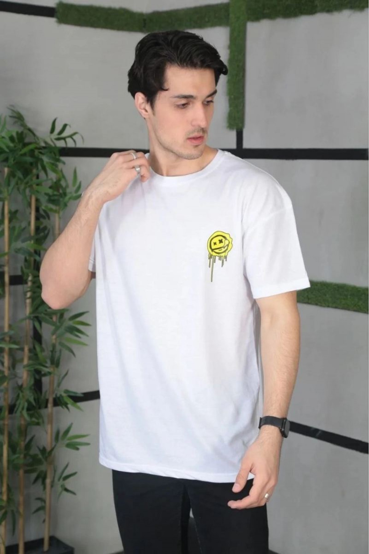 Erkek Kısa Kol Yazlık Tişört Bisiklet Yaka Baskılı Oversize T-Shirt - Beyaz