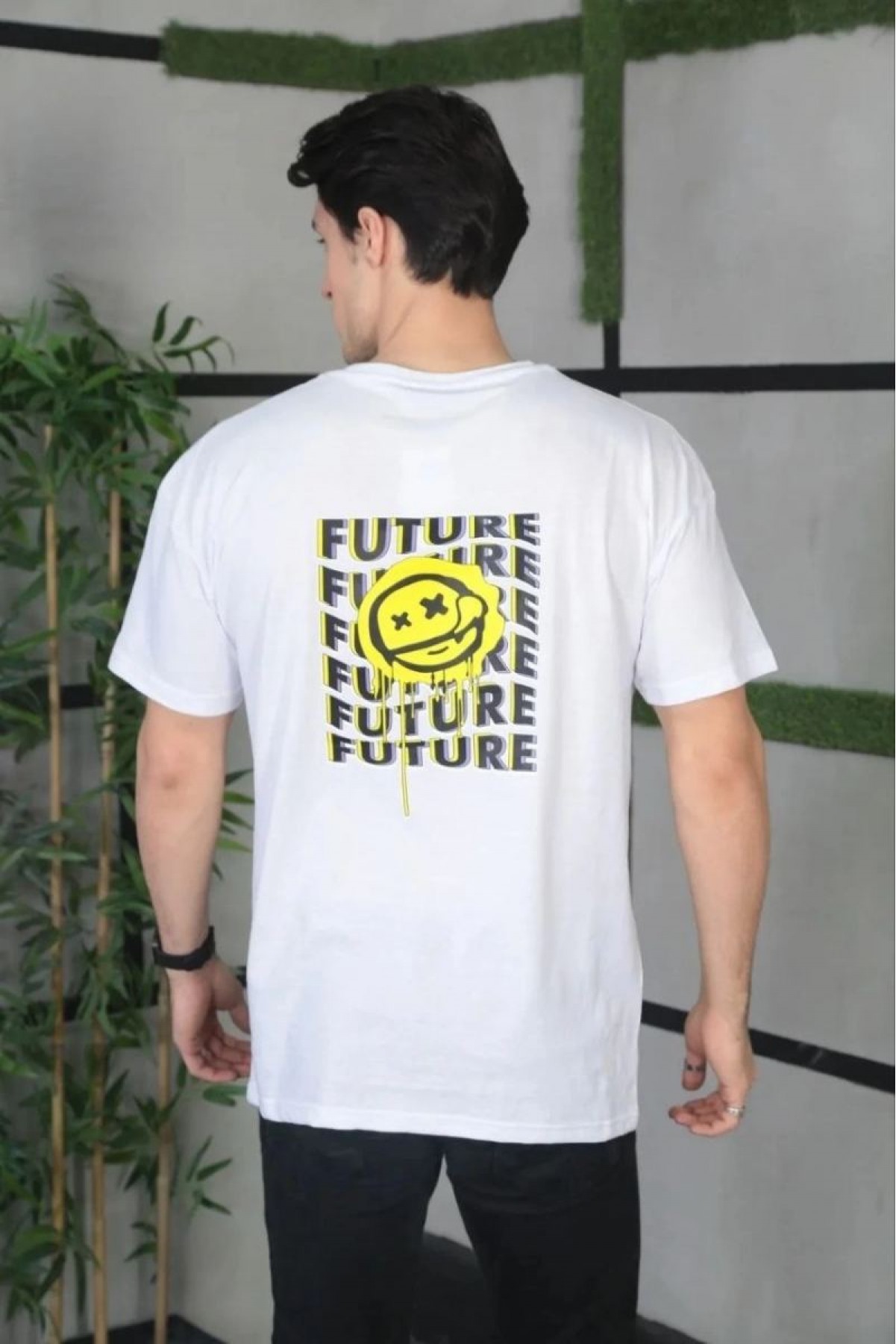 Erkek Kısa Kol Yazlık Tişört Bisiklet Yaka Baskılı Oversize T-Shirt - Beyaz