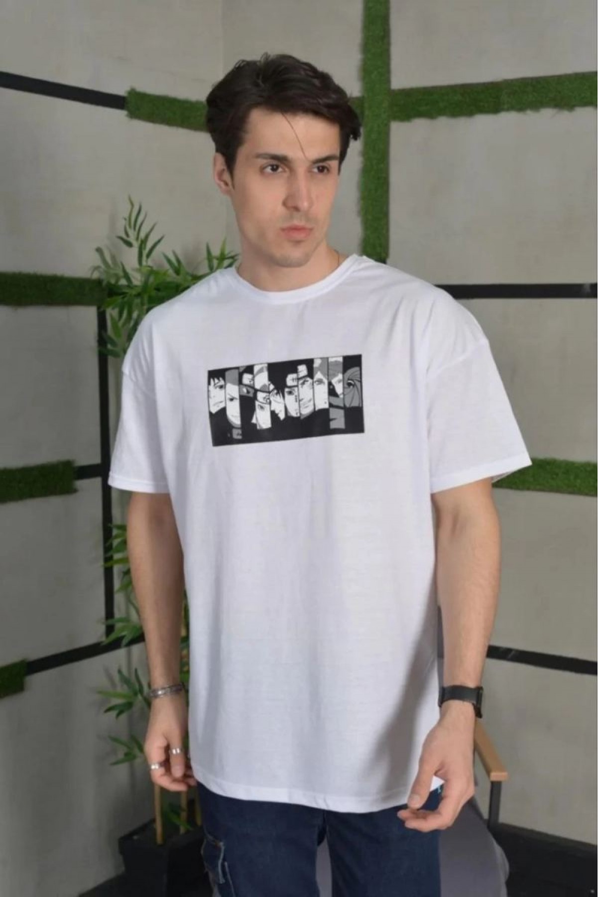 Erkek Kısa Kol Yazlık Tişört Bisiklet Yaka Baskılı Oversize T-Shirt - Beyaz