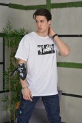 Erkek Kısa Kol Yazlık Tişört Bisiklet Yaka Baskılı Oversize T-Shirt - Beyaz