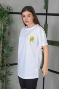 Kadın Bisiklet Yaka Baskılı Kısa kol Oversize T-Shirt - Beyaz