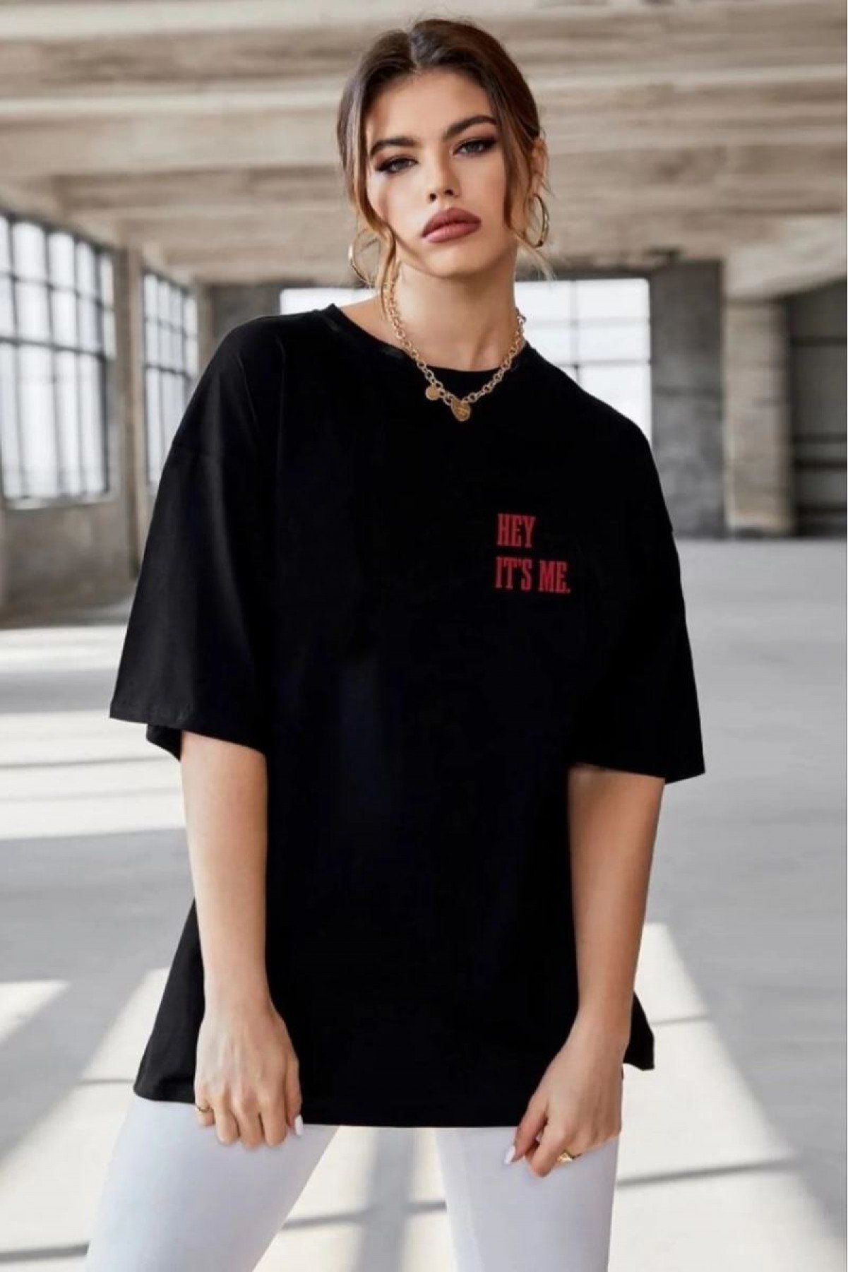 Kadın Baskılı T-Shirt Kısa Kol Bisiklet Yaka Oversize Rahat Kalıp Tişört - Siyah