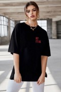 Kadın Baskılı T-Shirt Kısa Kol Bisiklet Yaka Oversize Rahat Kalıp Tişört - Siyah
