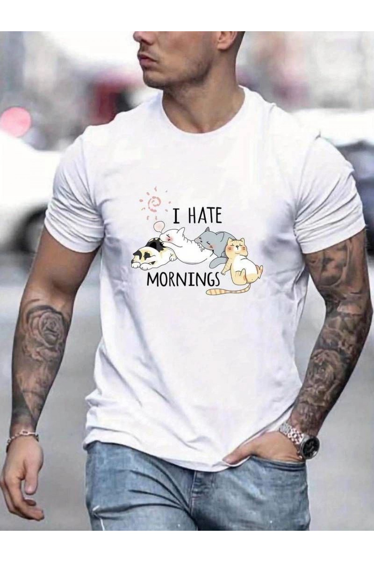 Erkek Baskılı T-Shirt Kısa Kol Bisiklet Yaka Regular Fit Rahat Kalıp Günlük Tişört - Beyaz