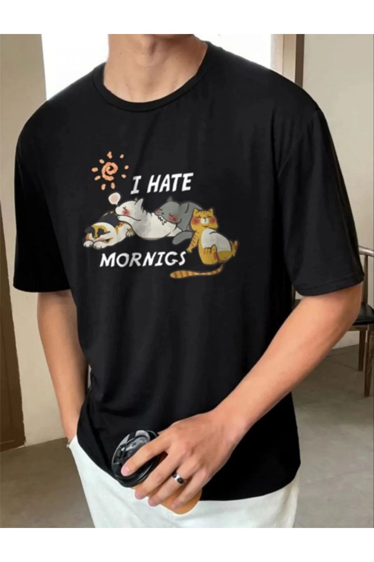 Erkek Baskılı T-Shirt Kısa Kol Bisiklet Yaka Regular Fit Rahat Kalıp Günlük Tişört - Siyah