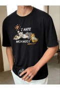 Erkek Baskılı T-Shirt Kısa Kol Bisiklet Yaka Regular Fit Rahat Kalıp Günlük Tişört - Siyah