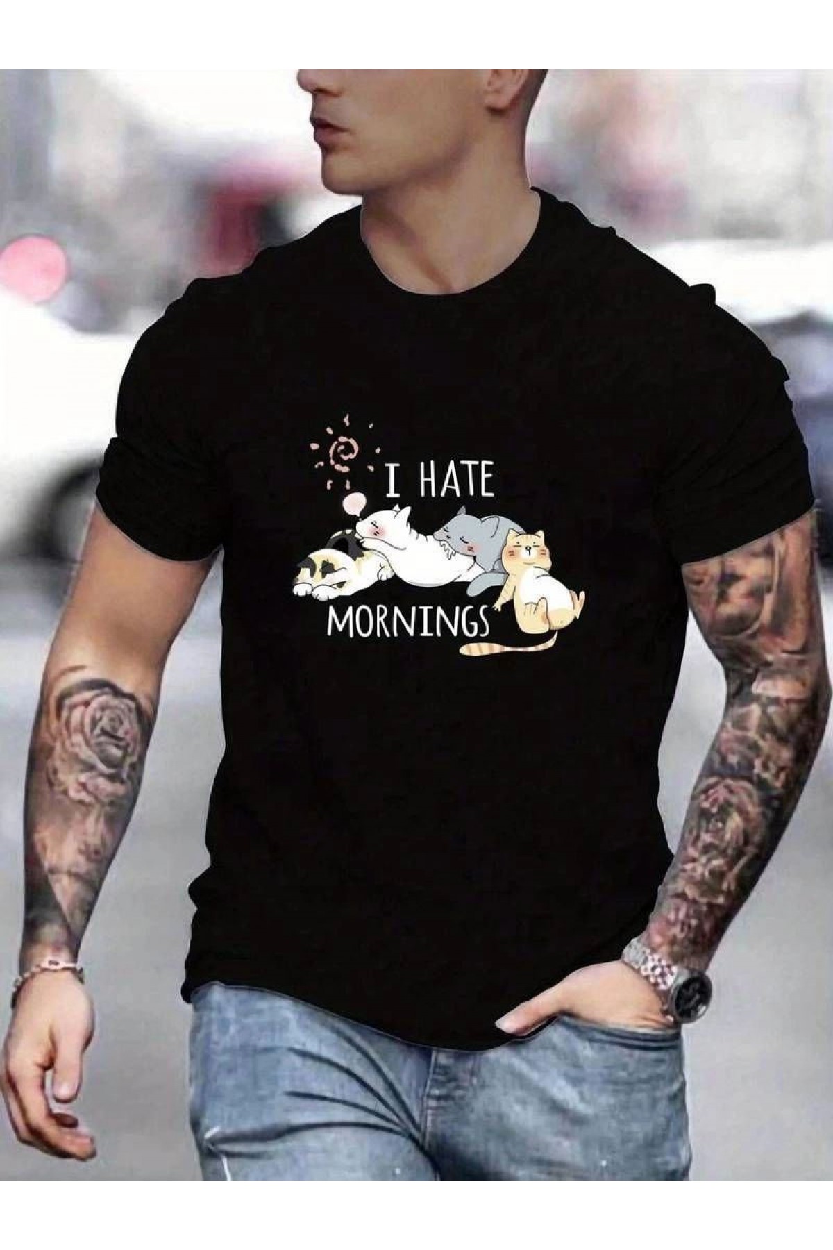 Erkek Baskılı T-Shirt Kısa Kol Bisiklet Yaka Regular Fit Rahat Kalıp Günlük Tişört - Siyah
