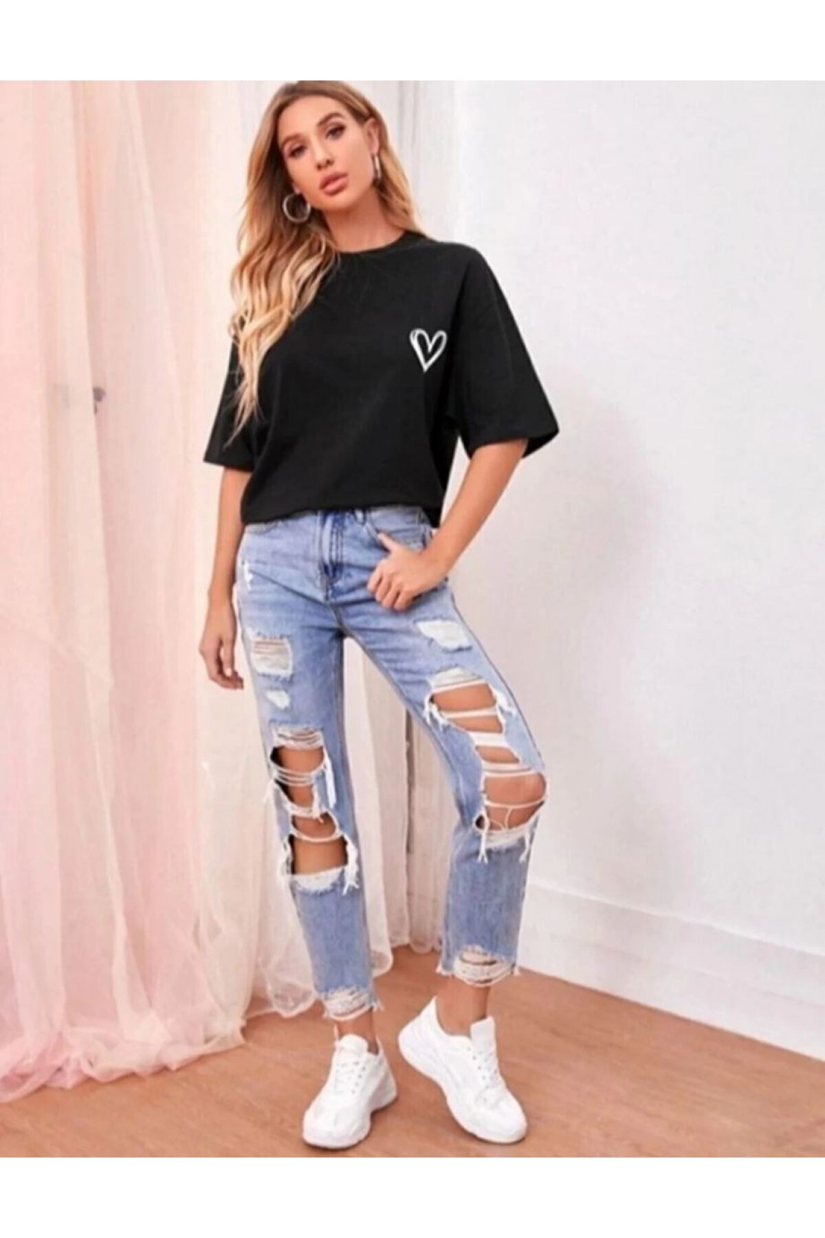 Kadın Tişört Bisiklet Yaka Baskılı Oversize T-Shirt - Siyah