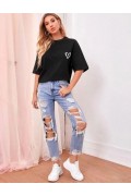 Kadın Tişört Bisiklet Yaka Baskılı Oversize T-Shirt - Siyah