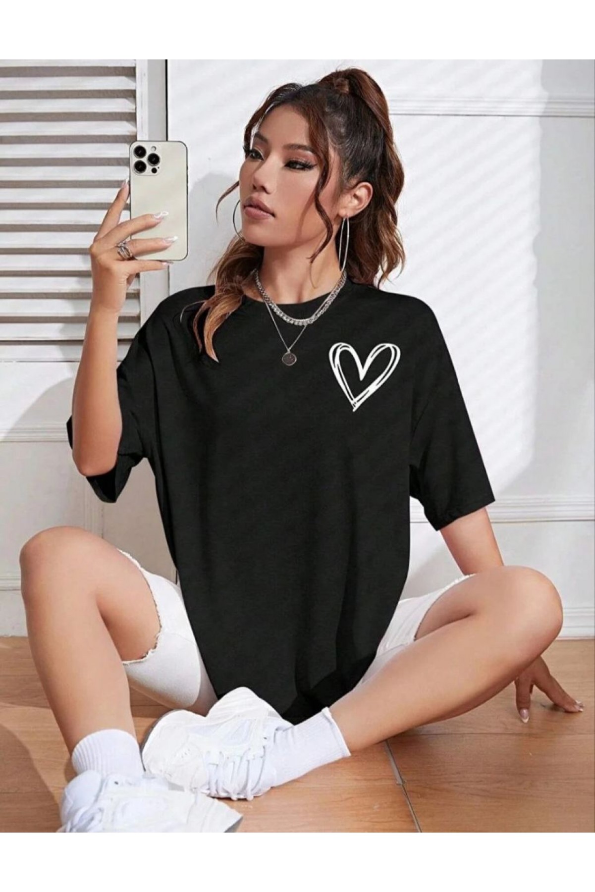 Kadın Tişört Bisiklet Yaka Baskılı Oversize T-Shirt - Siyah
