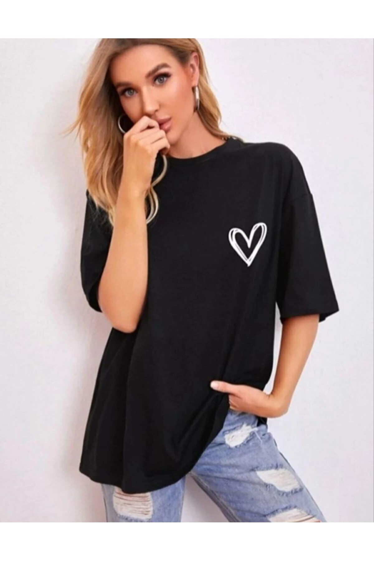 Kadın Tişört Bisiklet Yaka Baskılı Oversize T-Shirt - Siyah