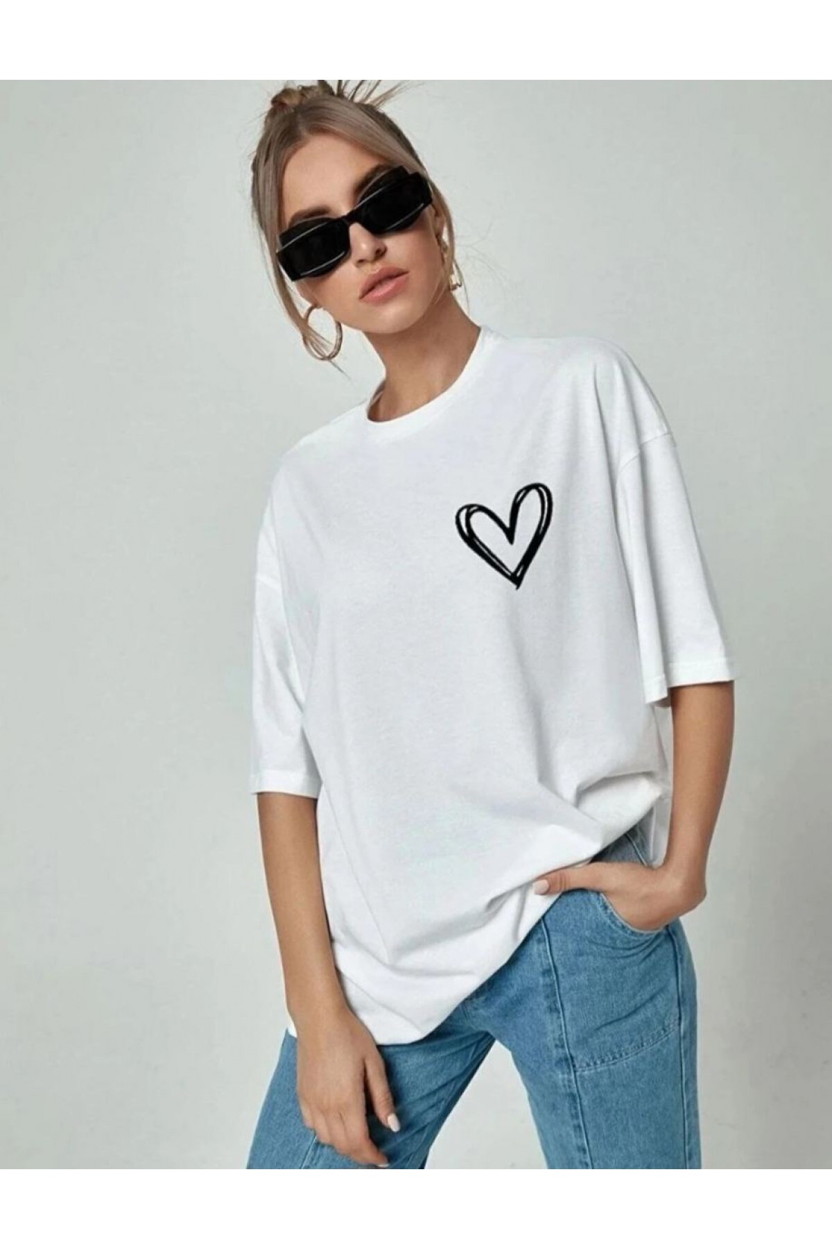 Kadın Tişört Bisiklet Yaka Baskılı Oversize T-Shirt - Beyaz