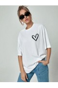 Kadın Tişört Bisiklet Yaka Baskılı Oversize T-Shirt - Beyaz
