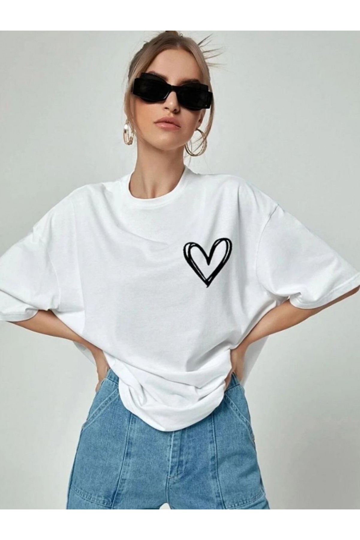 Kadın Tişört Bisiklet Yaka Baskılı Oversize T-Shirt - Beyaz