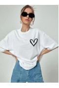 Kadın Tişört Bisiklet Yaka Baskılı Oversize T-Shirt - Beyaz