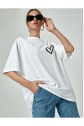 Kadın Tişört Bisiklet Yaka Baskılı Oversize T-Shirt - Beyaz