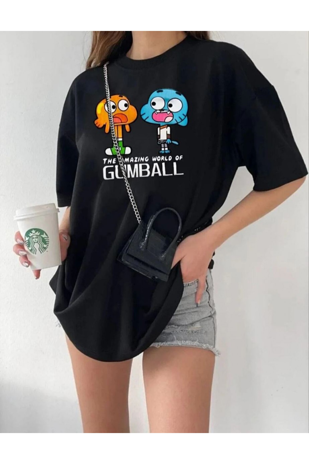 Kadın Kısa kol Tişört Bisiklet Yaka Baskılı Oversize T-Shirt - Siyah