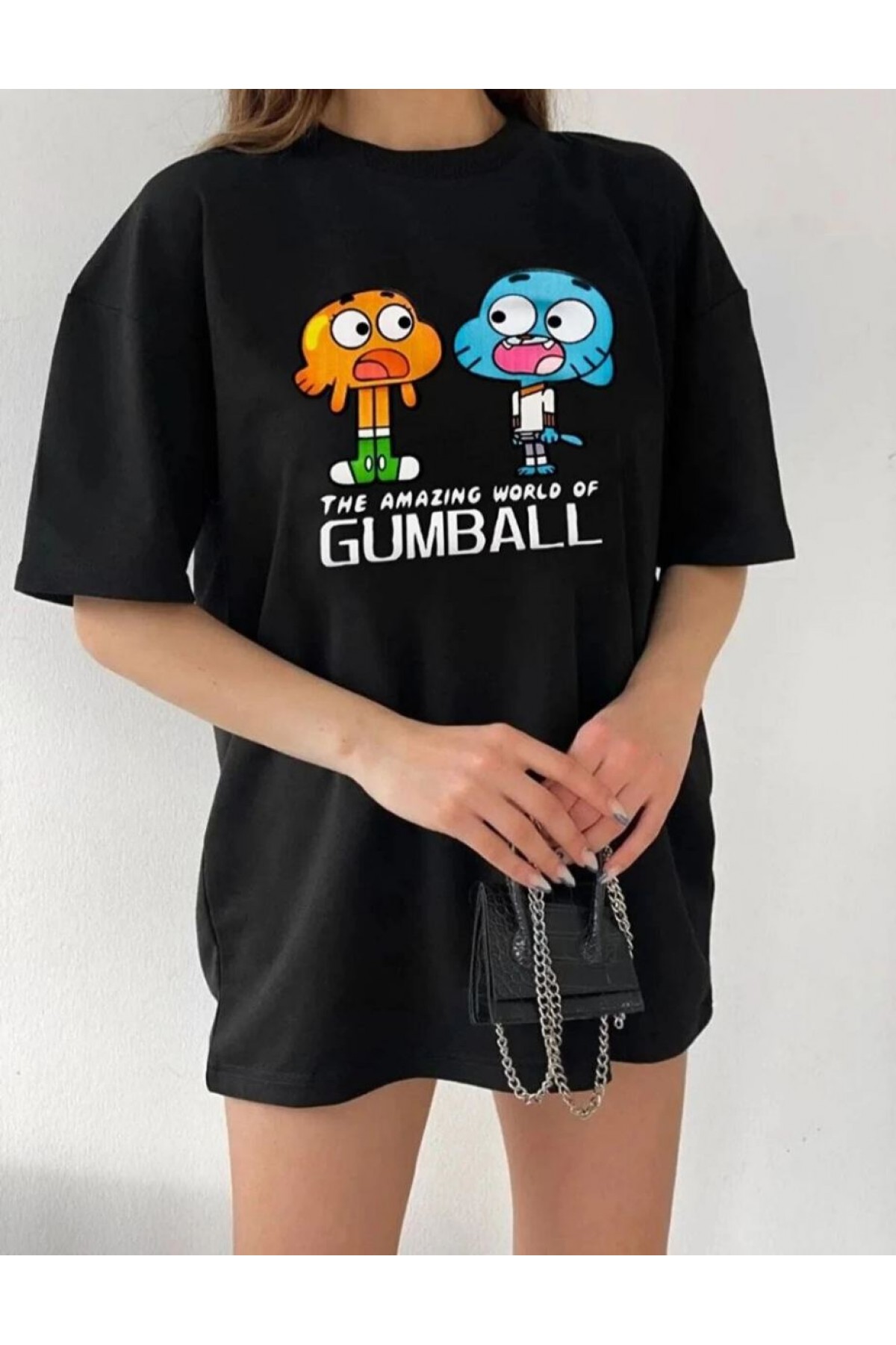 Kadın Kısa kol Tişört Bisiklet Yaka Baskılı Oversize T-Shirt - Siyah