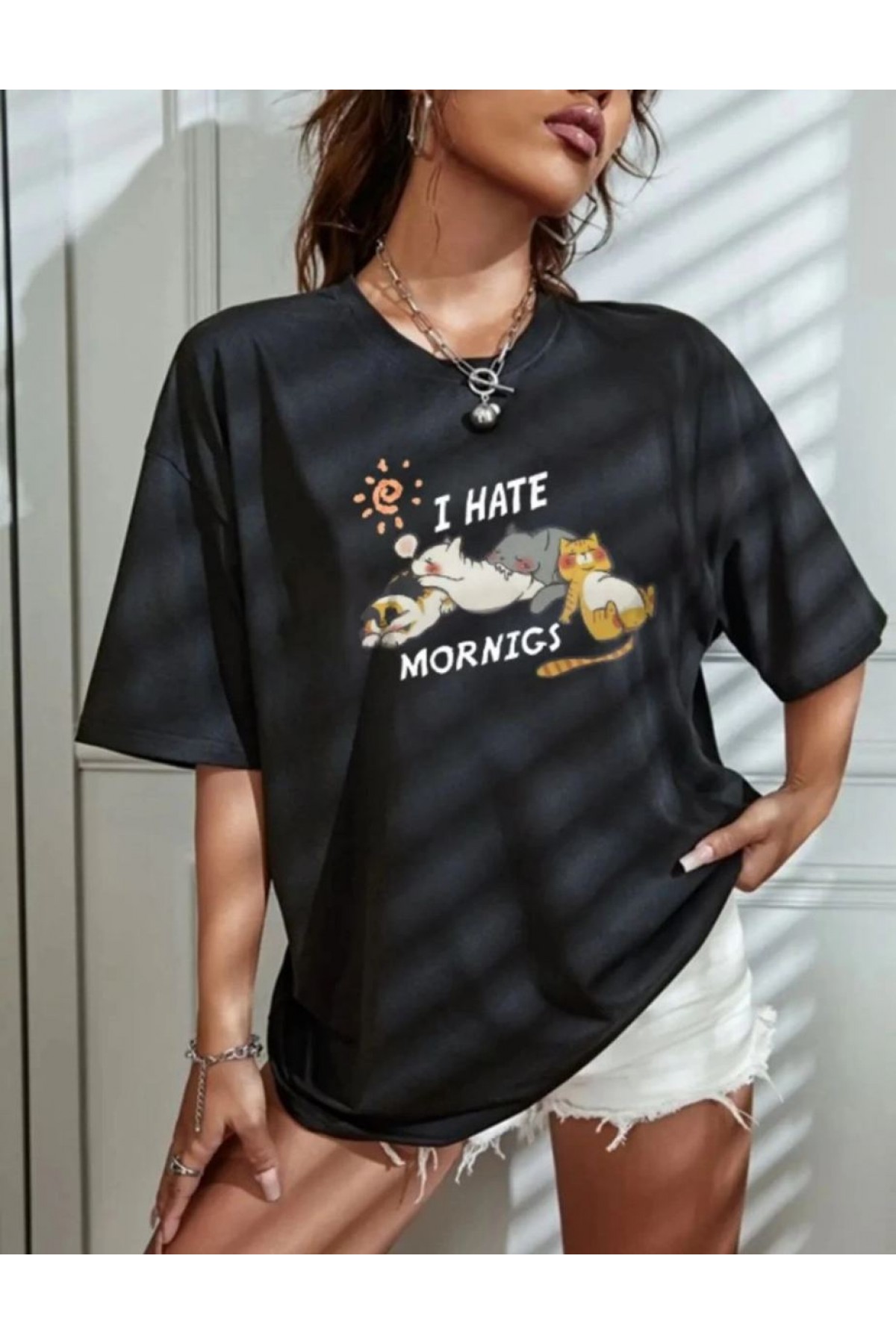 Kadın Tişört Bisiklet Yaka Baskılı Oversize T-Shirt - Siyah