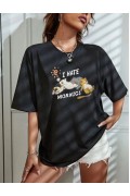 Kadın Tişört Bisiklet Yaka Baskılı Oversize T-Shirt - Siyah