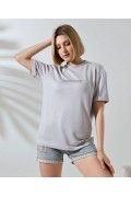 Kadın Bisiklet Yaka Baskılı Slim Fit T-Shirt - Boyalı Gri