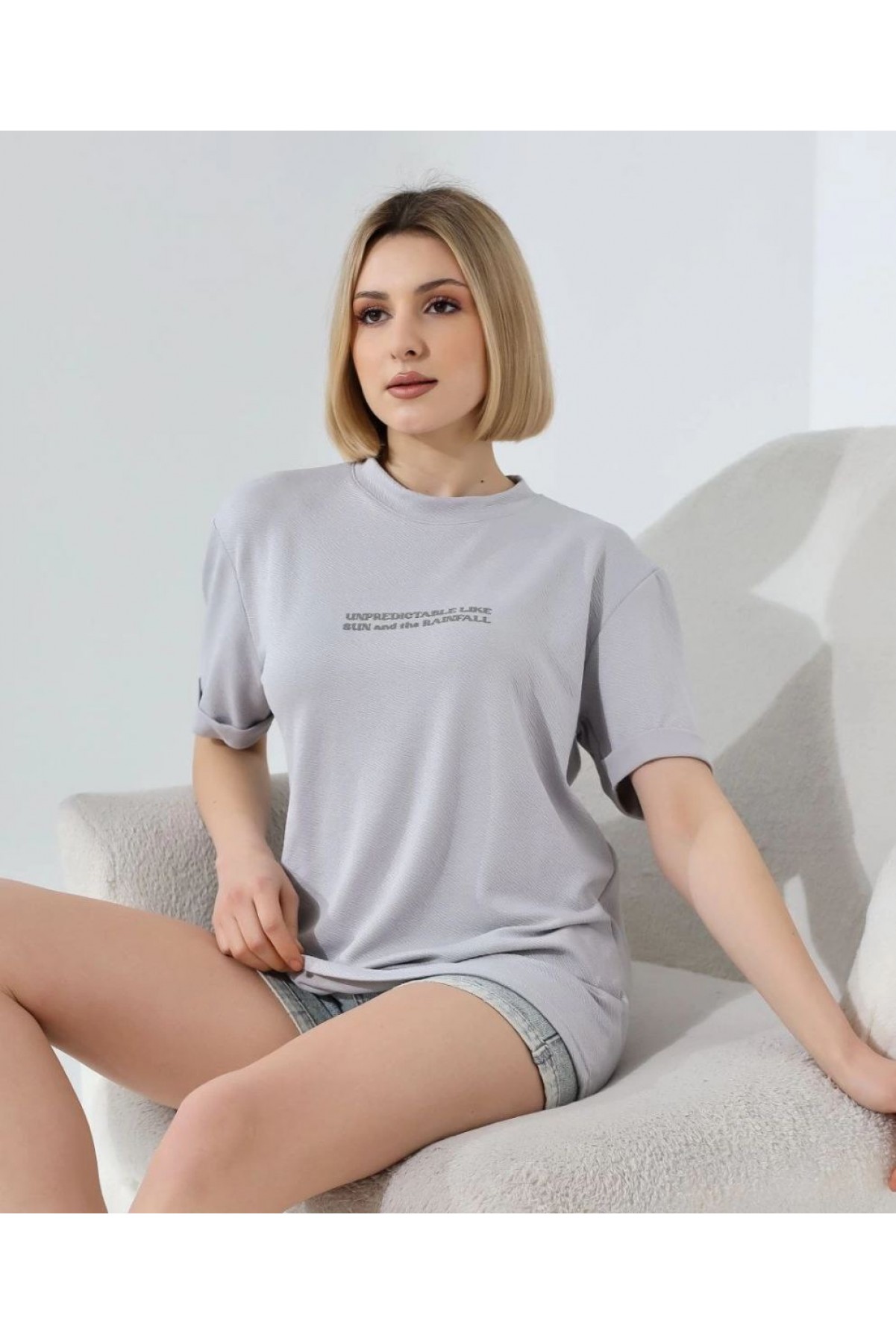 Kadın Bisiklet Yaka Baskılı Slim Fit T-Shirt - Boyalı Gri