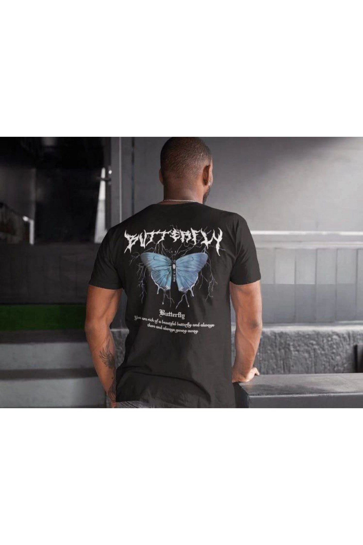 Erkek Tişort  Bisiklet Yaka Kelebek Baskılı Kısa kol T-Shirt - Siyah