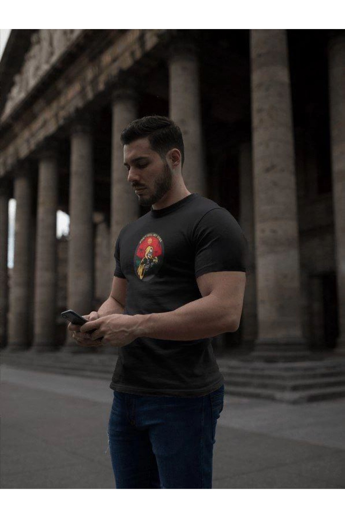 Erkek Kısa Kol Yazlık Tişört Bisiklet Yaka Baskılı Oversize T-Shirt - Siyah