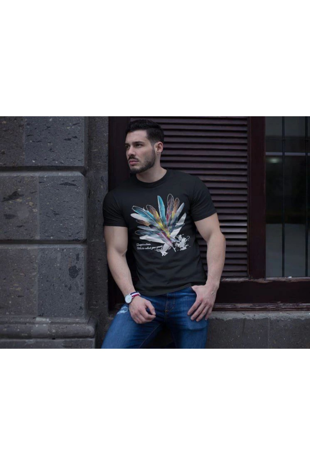 ERKEK Bisiklet Yaka Baskılı Kısa kol T-Shirt - Siyah