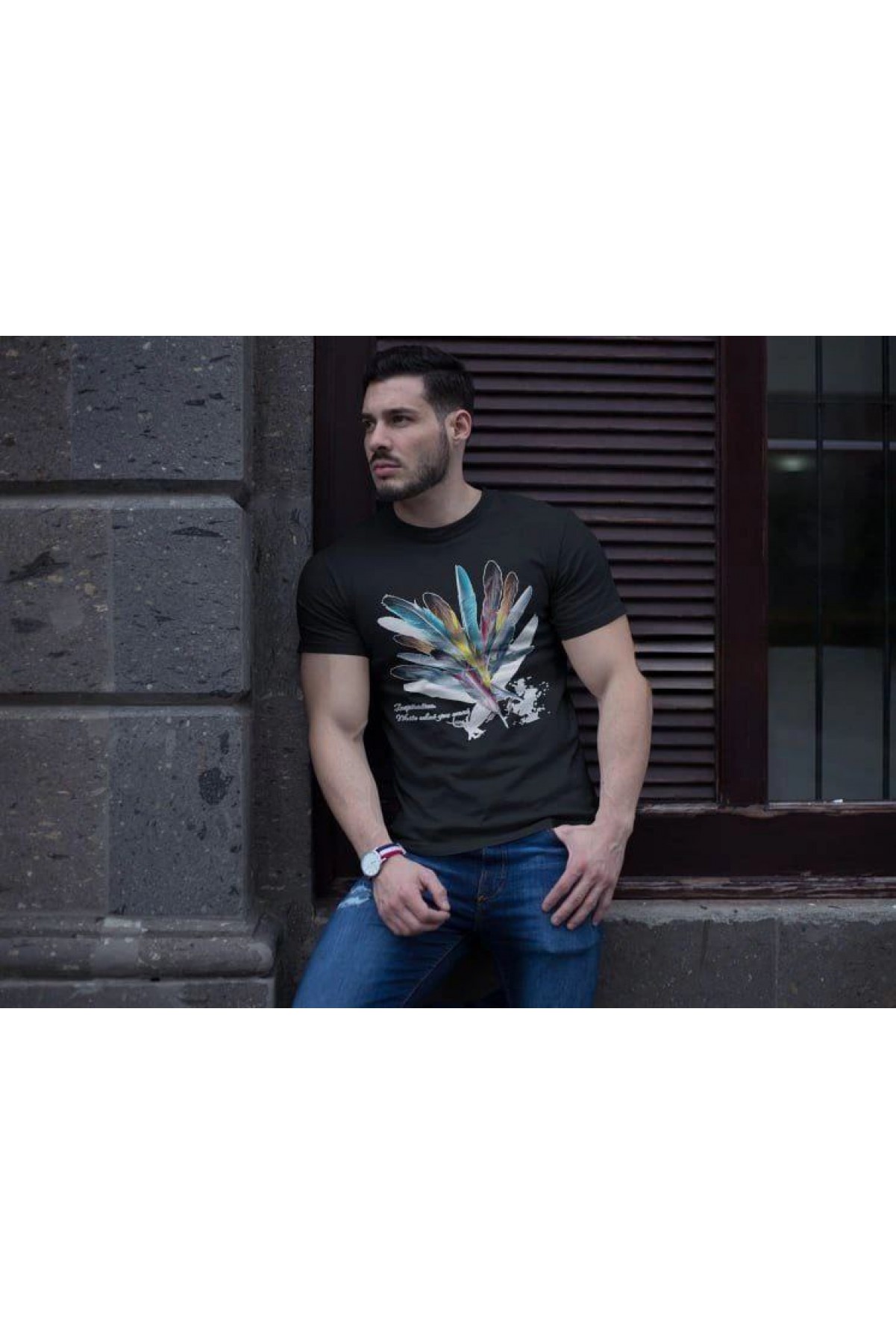 ERKEK Bisiklet Yaka Baskılı Kısa kol T-Shirt - Siyah