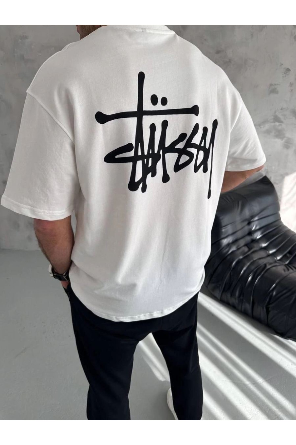 Erkek Tişört Bisiklet Yaka Baskılı Oversize Kısa kol T-Shirt - Beyaz