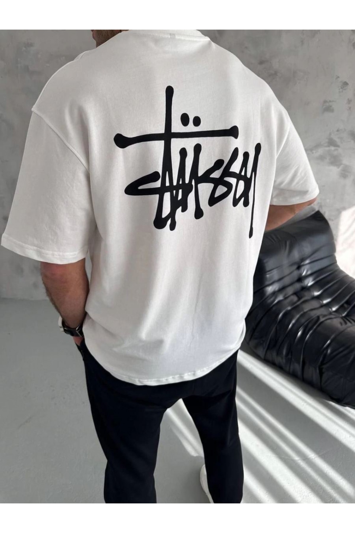 Erkek Tişört Bisiklet Yaka Baskılı Oversize Kısa kol T-Shirt - Beyaz