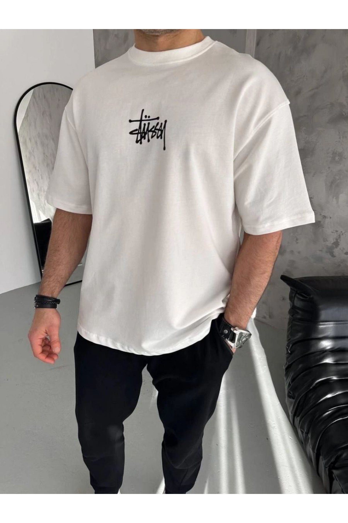 Erkek Tişört Bisiklet Yaka Baskılı Oversize Kısa kol T-Shirt - Beyaz