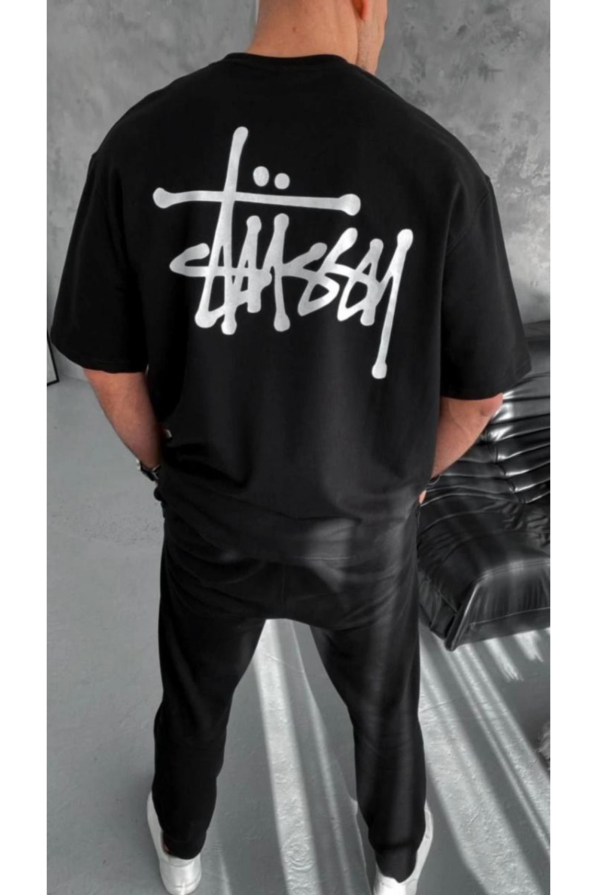 Erkek Kısa Kol Yazlık Tişört Bisiklet Yaka Baskılı Oversize T-Shirt - Siyah