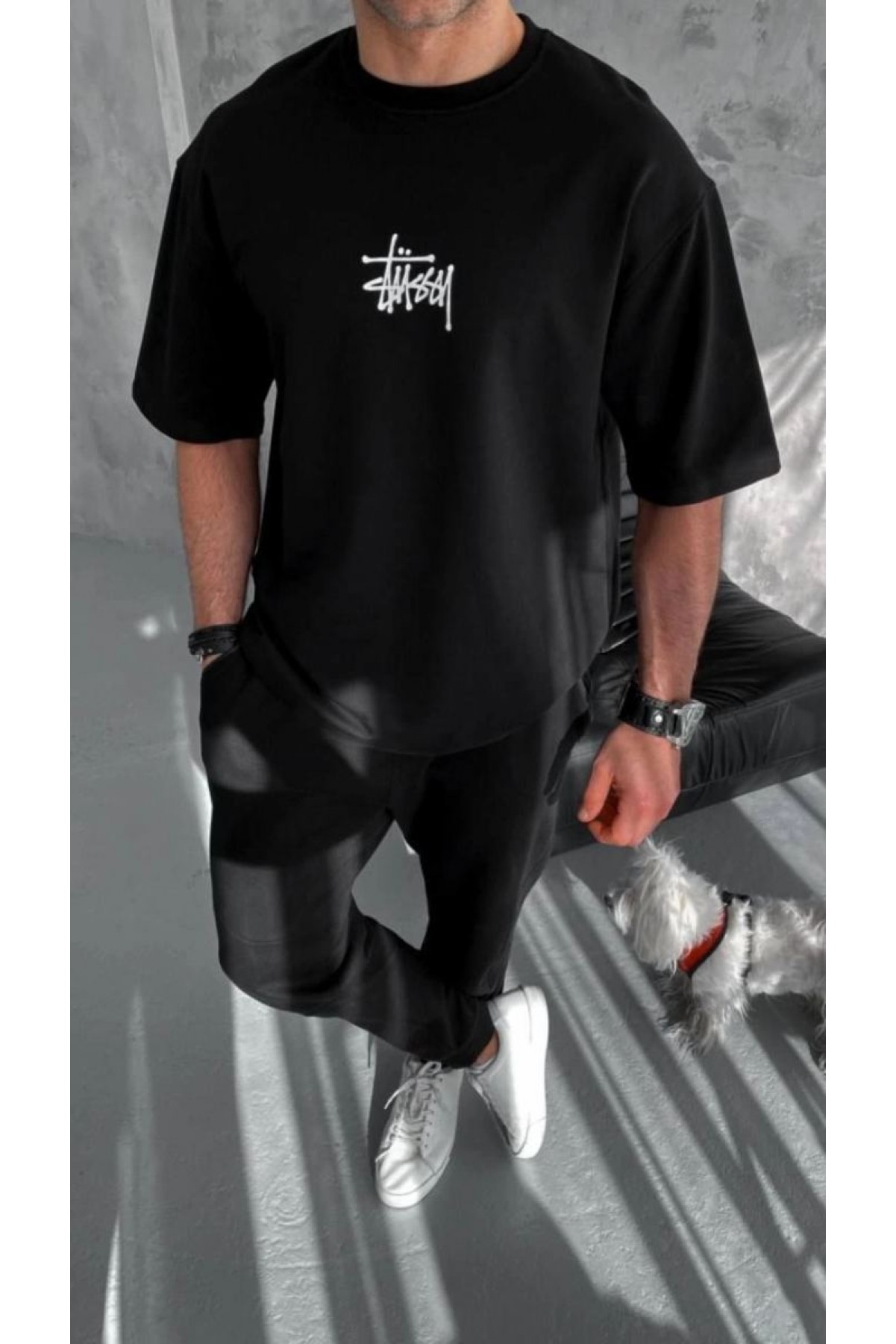 Erkek Kısa Kol Yazlık Tişört Bisiklet Yaka Baskılı Oversize T-Shirt - Siyah