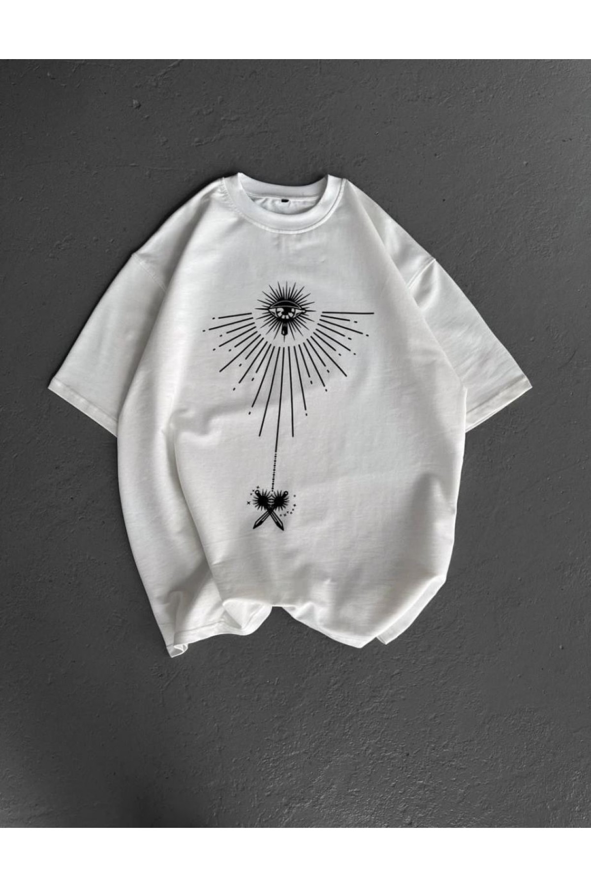Erkek Kısa Kol Tişört Bisiklet Yaka GÜL Baskılı Oversize T-Shirt - Beyaz
