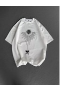Erkek Kısa Kol Tişört Bisiklet Yaka GÜL Baskılı Oversize T-Shirt - Beyaz