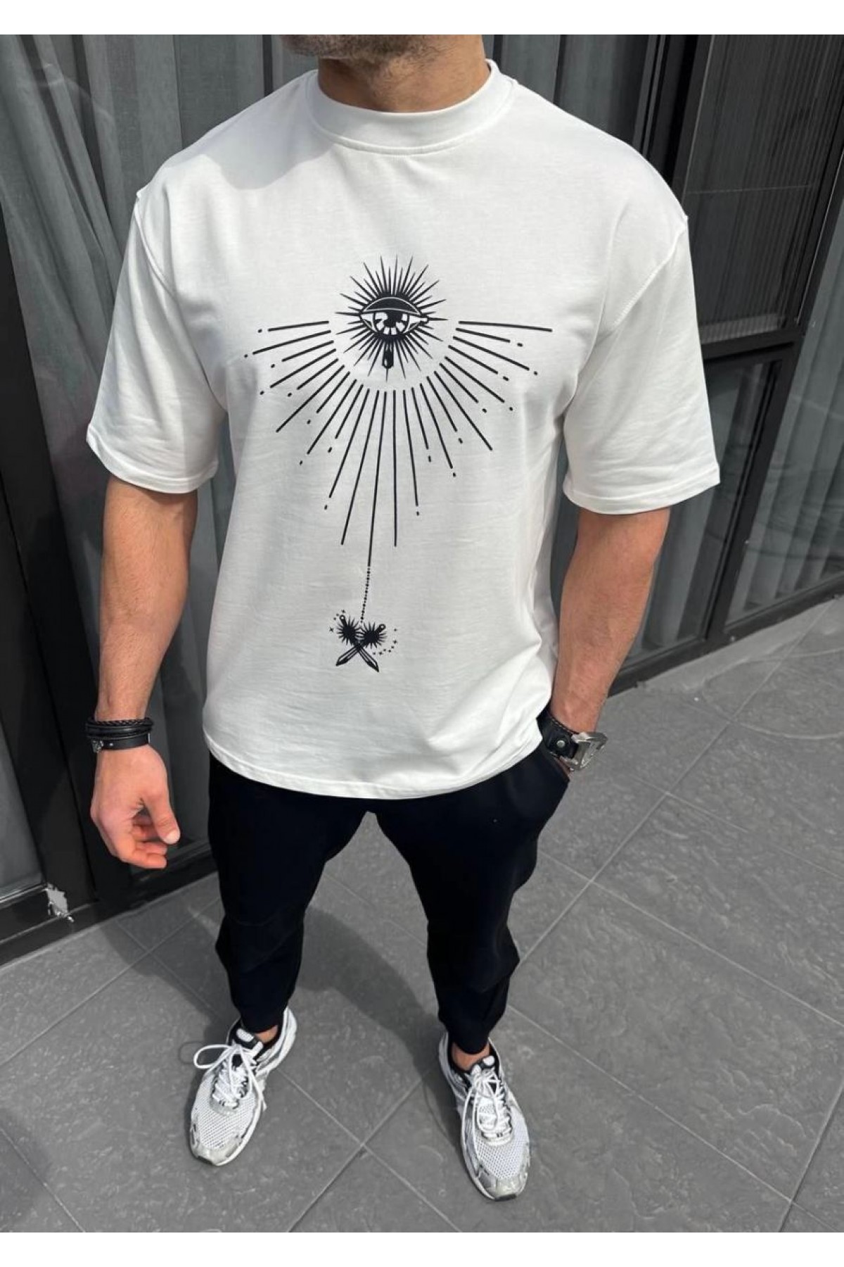 Erkek Kısa Kol Tişört Bisiklet Yaka GÜL Baskılı Oversize T-Shirt - Beyaz