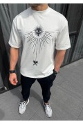 Erkek Kısa Kol Tişört Bisiklet Yaka GÜL Baskılı Oversize T-Shirt - Beyaz