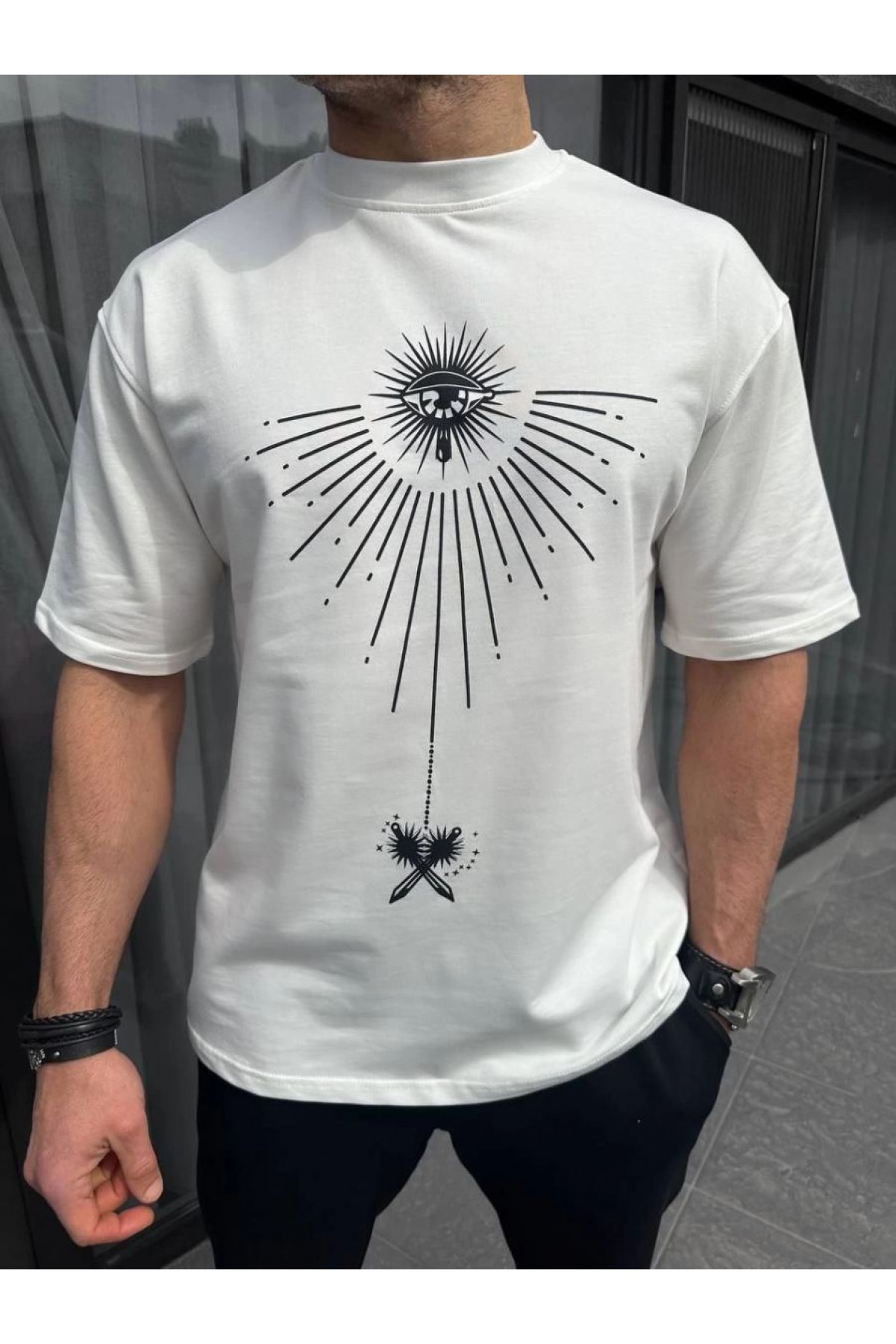 Erkek Kısa Kol Tişört Bisiklet Yaka GÜL Baskılı Oversize T-Shirt - Beyaz