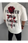 Erkek Kısa Kol Tişört Bisiklet Yaka GÜL Baskılı Oversize T-Shirt - Beyaz