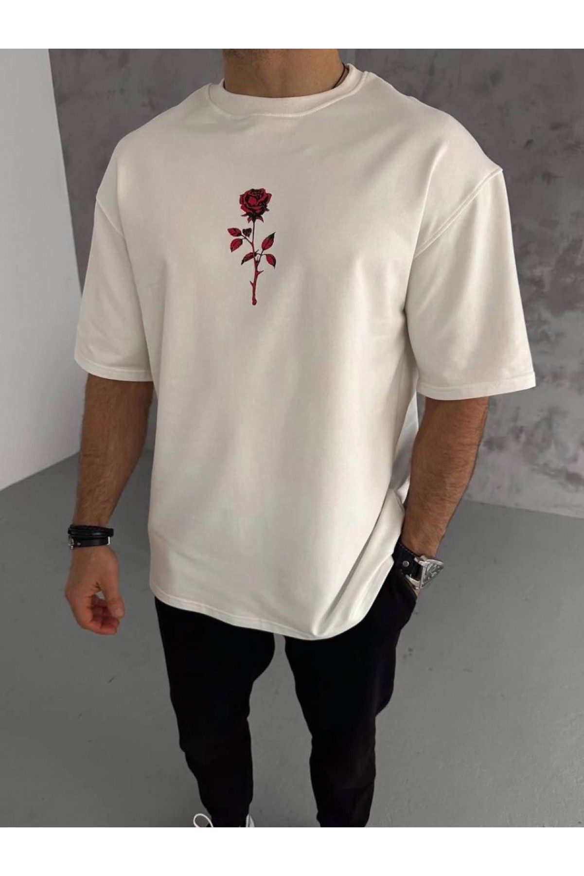 Erkek Kısa Kol Tişört Bisiklet Yaka GÜL Baskılı Oversize T-Shirt - Beyaz