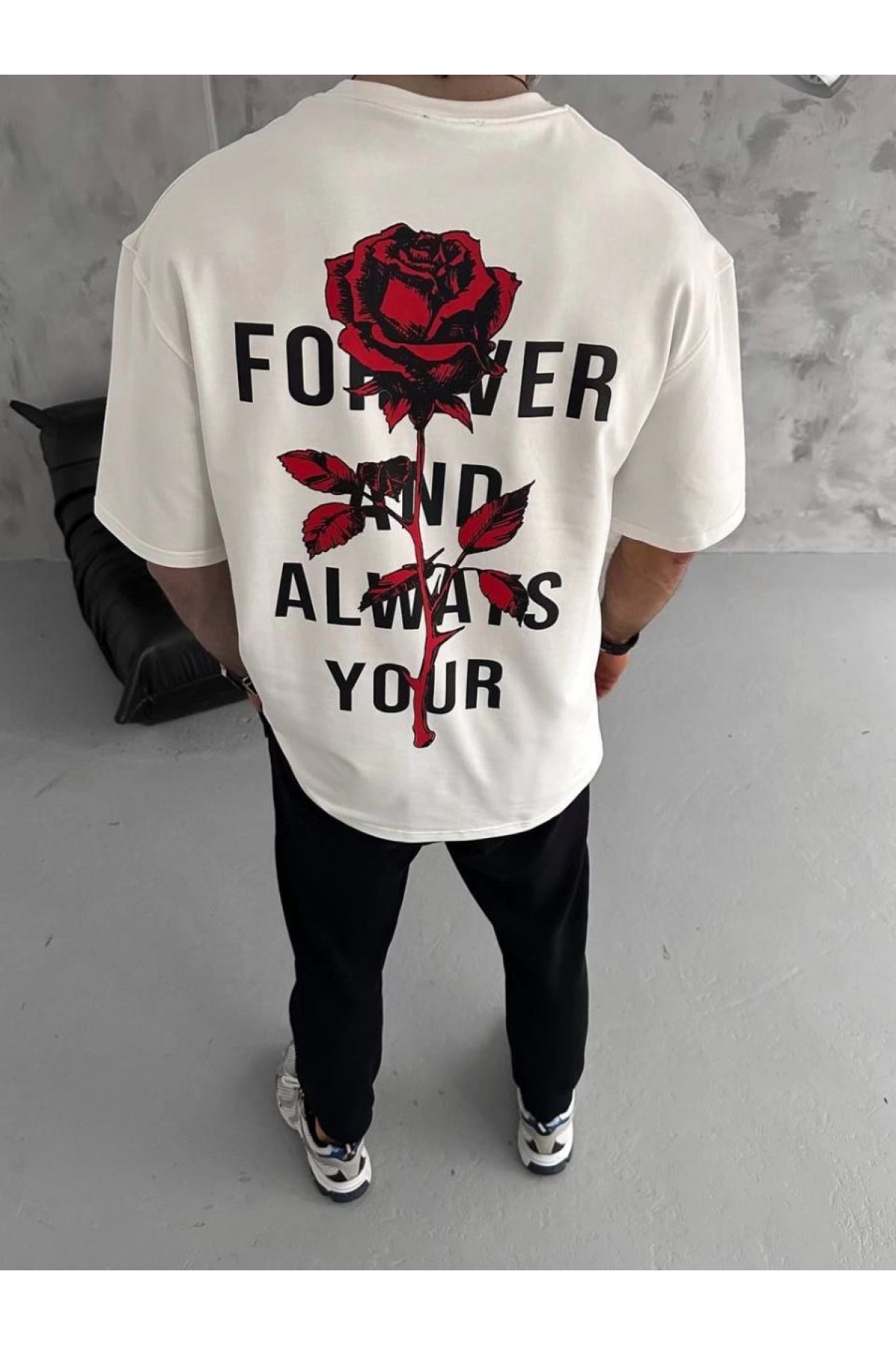 Erkek Kısa Kol Tişört Bisiklet Yaka GÜL Baskılı Oversize T-Shirt - Beyaz